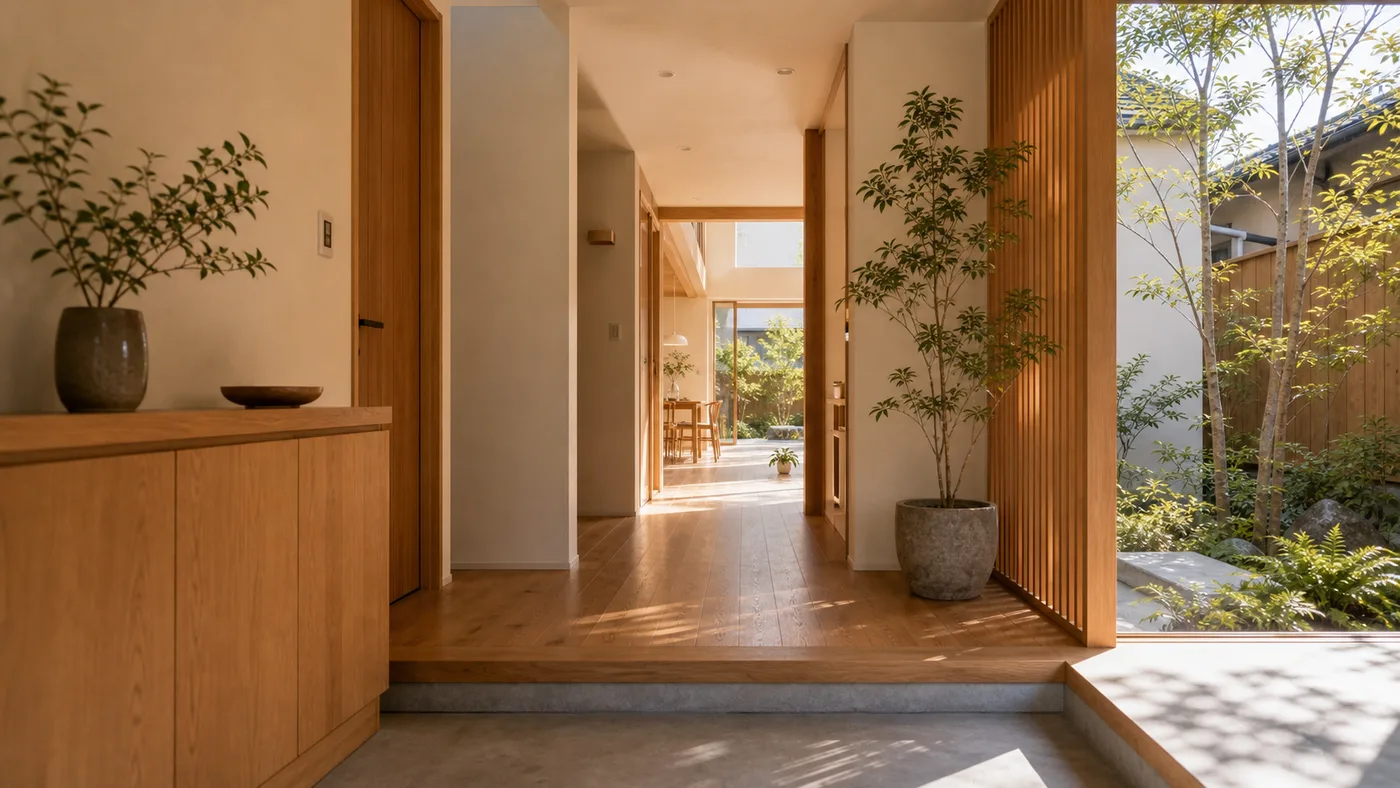 木と白壁が印象的な注文住宅の玄関から廊下へ続く抜け感のある空間。やわらかな朝の自然光が差し込む